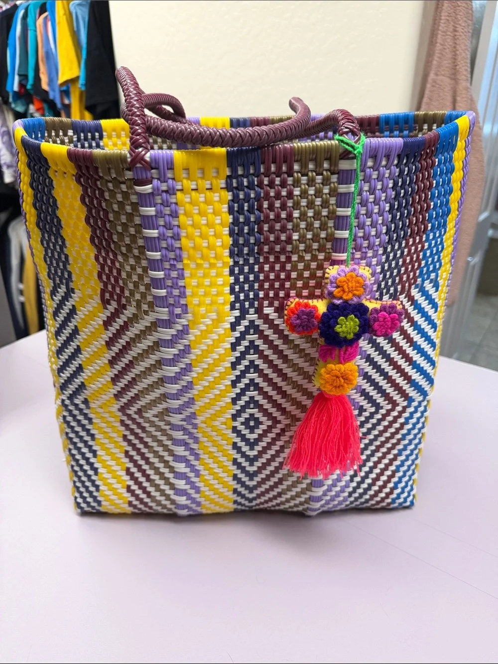 Multicolor Woven beach Tote Bag with Floral Tassel